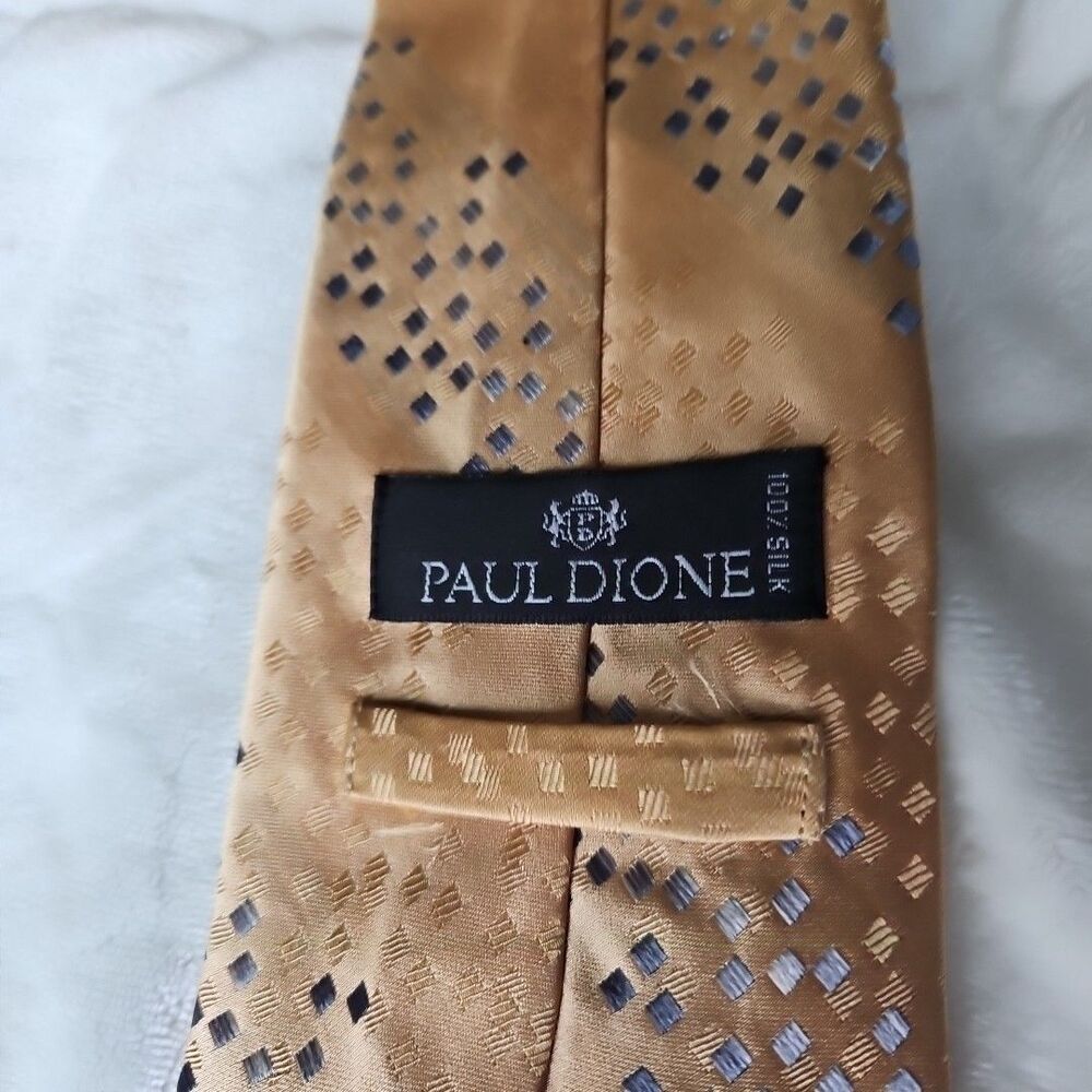 Paul Dione  100% Silk  Modernistic/Impressionist‎ Blue & Gold Checked Necktie - Picture 5 of 5